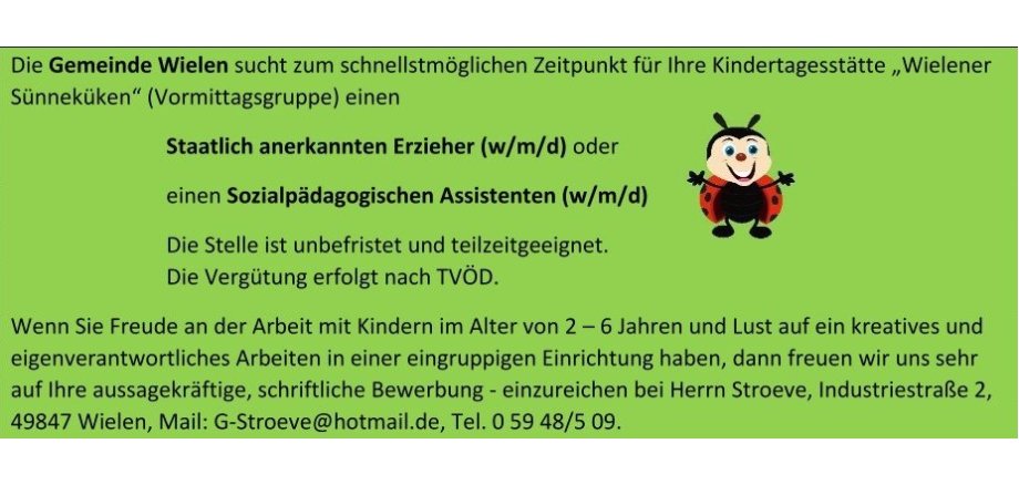 Anzeigentext für Gesuch der Gemeinde Wielen